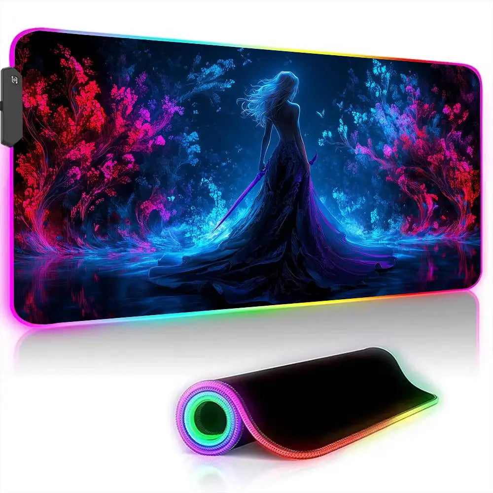 RGB Mouse pad Girl in the purple rose dress LED glow gaming mat rubber anti-slip Desk Mat pc accessories Gaming keypad mousepad
