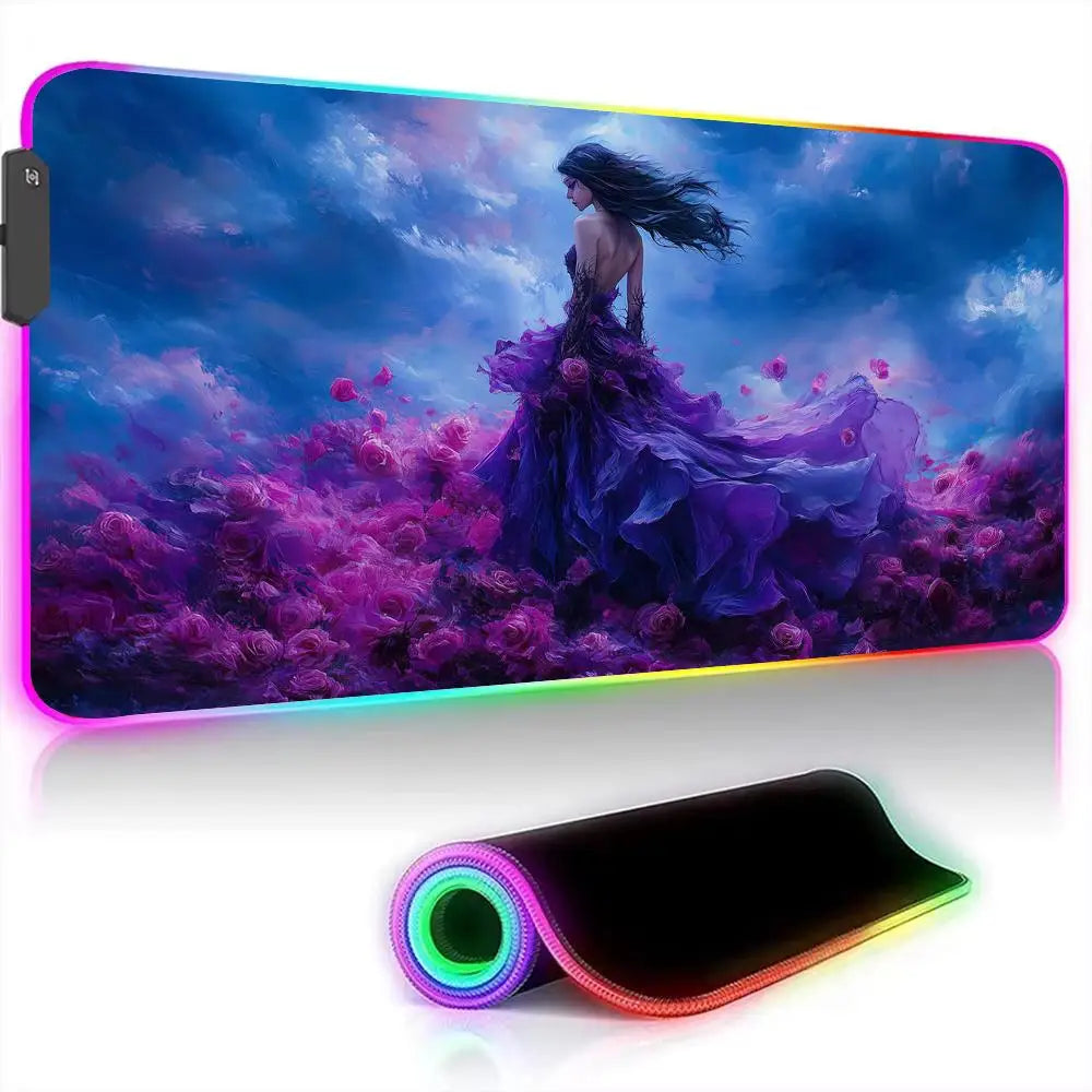 RGB Mouse pad Girl in the purple rose dress LED glow gaming mat rubber anti-slip Desk Mat pc accessories Gaming keypad mousepad