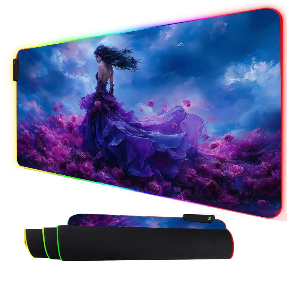 RGB Mouse pad Girl in the purple rose dress LED glow gaming mat rubber anti-slip Desk Mat pc accessories Gaming keypad mousepad