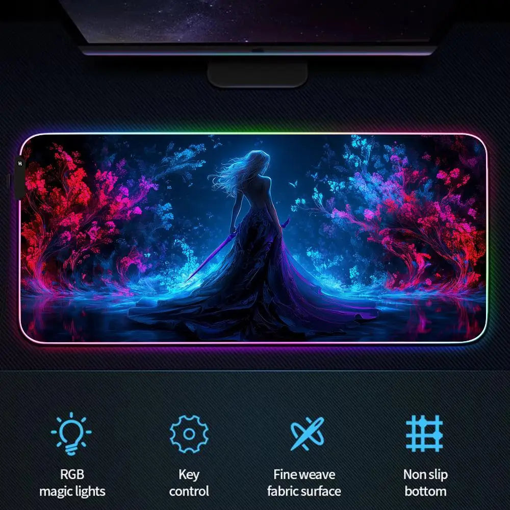 RGB Mouse pad Girl in the purple rose dress LED glow gaming mat rubber anti-slip Desk Mat pc accessories Gaming keypad mousepad