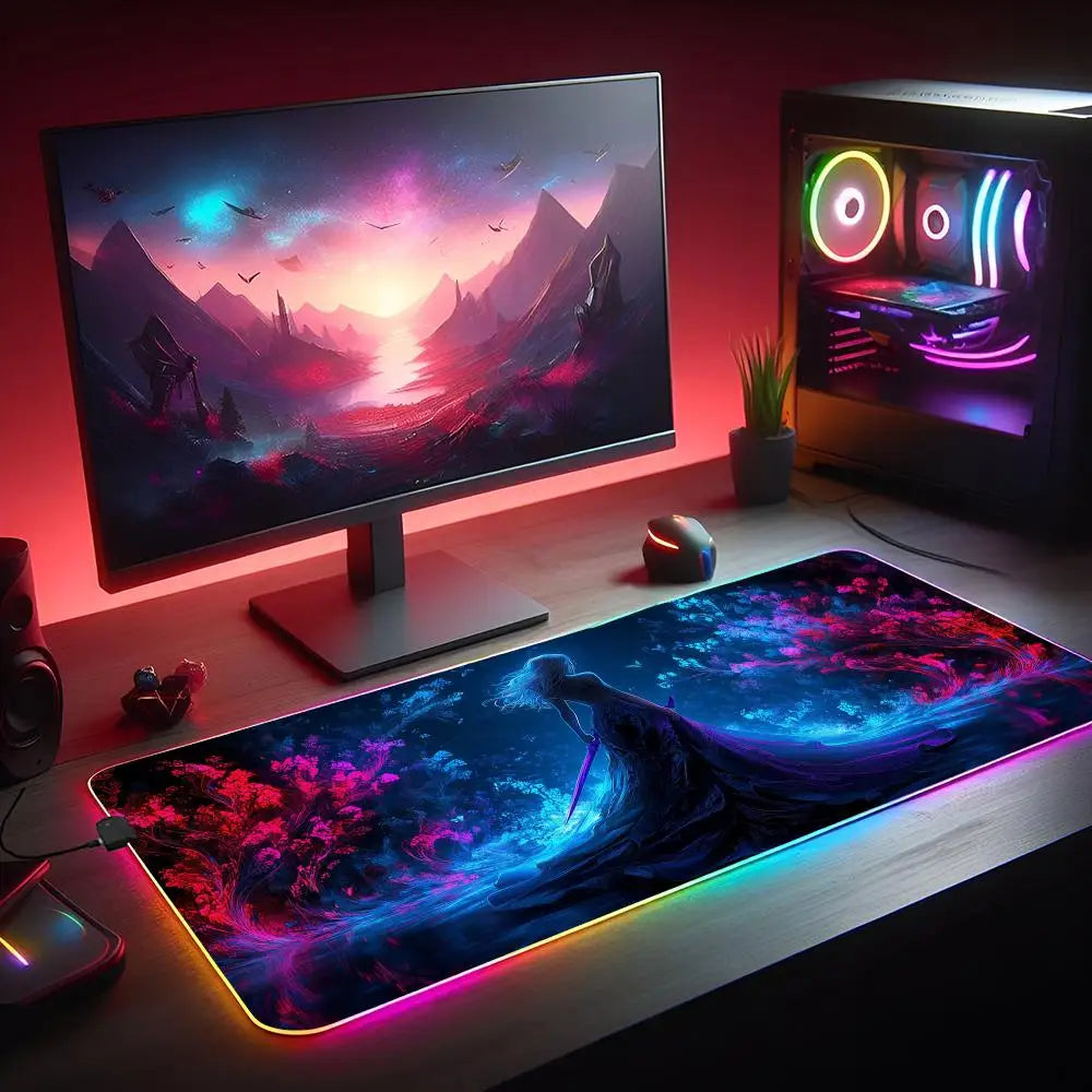 RGB Mouse pad Girl in the purple rose dress LED glow gaming mat rubber anti-slip Desk Mat pc accessories Gaming keypad mousepad