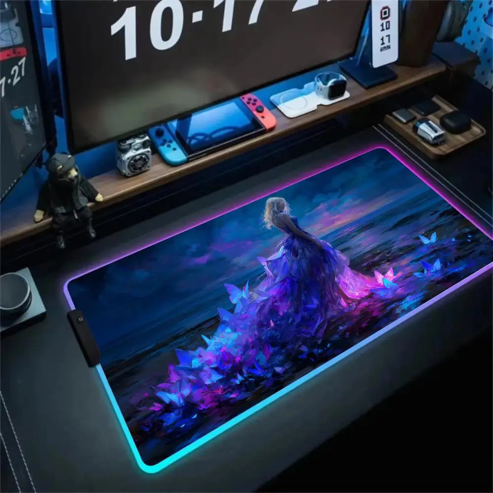 RGB Mouse pad Girl in the purple rose dress LED glow gaming mat rubber anti-slip Desk Mat pc accessories Gaming keypad mousepad