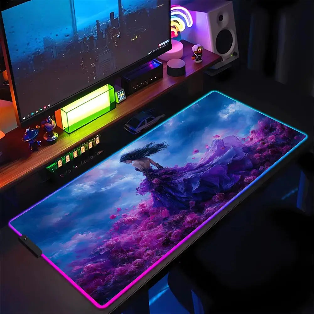 RGB Mouse pad Girl in the purple rose dress LED glow gaming mat rubber anti-slip Desk Mat pc accessories Gaming keypad mousepad